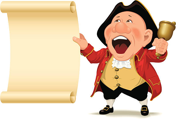 Vector cartoon illustration of an excited town crier holding a scroll with area for your custom text.